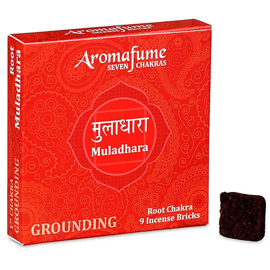 Aromafume Chakra 1 incense bricks packaging, natural non-toxic incense for grounding, Muladhara root chakra benefits.