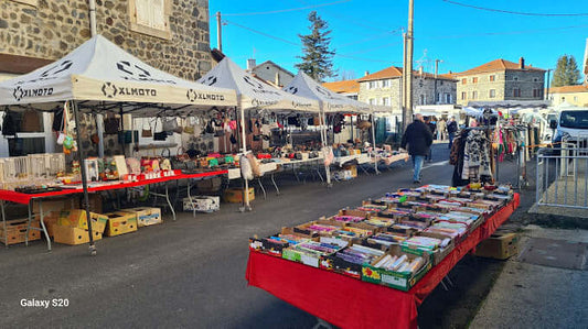 Marché en plein air avec étals sous des tentes, proposant divers articles et une ambiance animée.