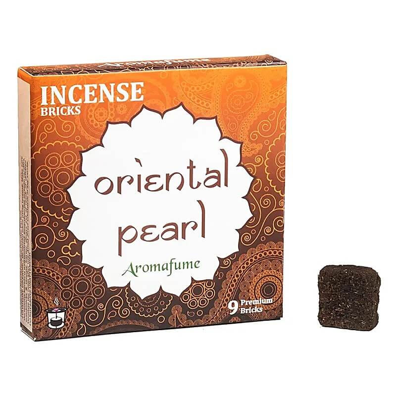 Aromafume Oriental Pearl incense bricks packaging with one brick displayed, 100% natural and non-toxic for aromatherapy.