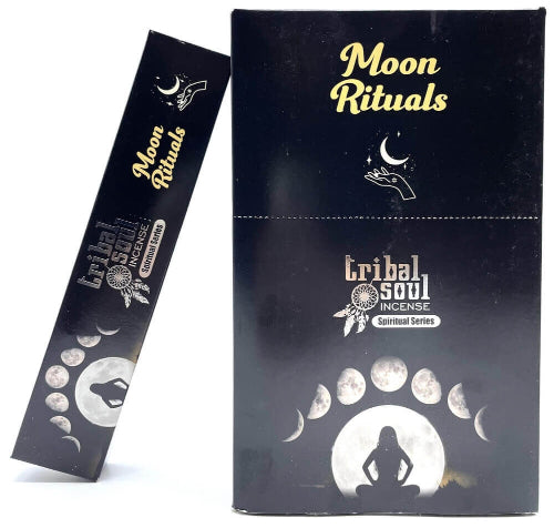 incens tribal soul RITUEL LUNE 15 g box showcasing moon phases and floral designs for calming and creative aromas.