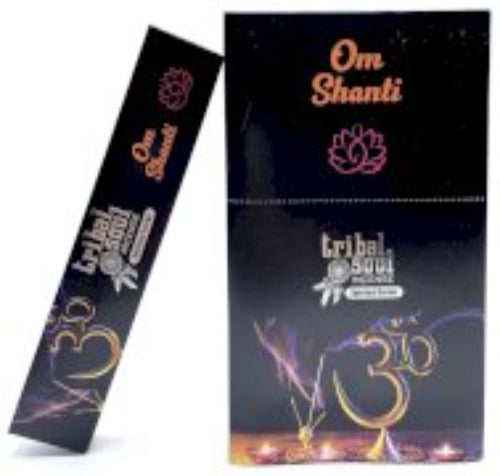 Om Shanti incense by Tribal Soul, promoting peace of body and mind, displayed in an elegant packaging design.