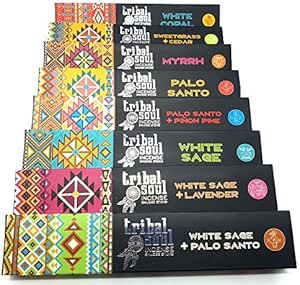 Colorful incense packaging featuring various scents like myrrh, palo santo, and white sage in vibrant designs.