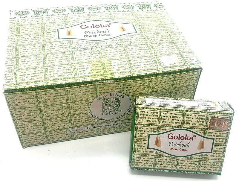 Boîte de cônes d'encens Goloka patchouli, 10 g, idéal pour réduire le stress et créer un environnement relaxant.