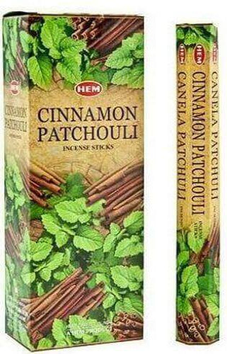 HEM Cinnamon Patchouli incense sticks packaging featuring mint leaves and cinnamon, 20g for a soothing ambiance.