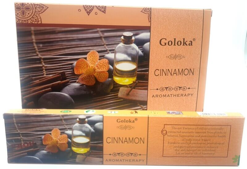 Boîte de 15 g d'encens Goloka cannelle, huiles essentielles pour l'harmonie et le bien-être.