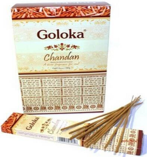 Goloka Chandan incense pack displaying 15g sticks, promoting a calming atmosphere and spiritual cleansing.