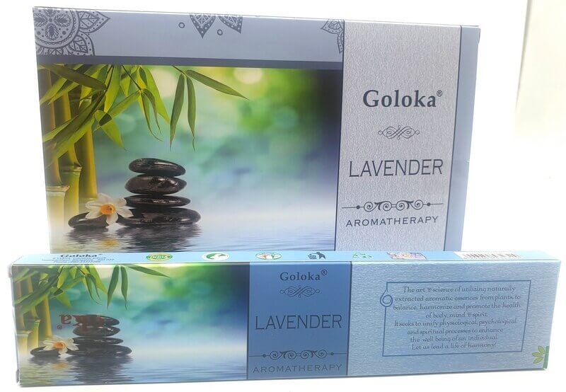 Boîte de 15 g d'encens Goloka Lavande, favorisant la relaxation et le bien-être par l'aromathérapie.