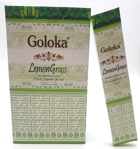 Goloka Lemon Grass incense packaging, showcasing its natural antiseptic and insect-repelling properties. 15g size.