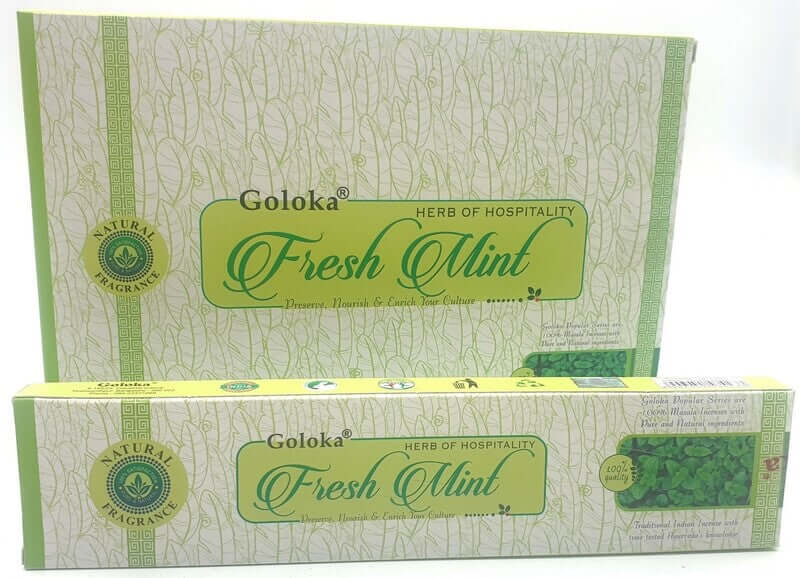 Goloka Fresh Mint incense packaging, designed to relieve anxiety and exhaustion with natural fragrance.