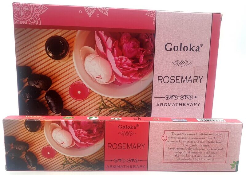 Goloka rosemary incense packaging, promoting antiseptic properties for purification in aromatherapy.