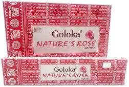 Goloka Nature's Rose incense packaging showcasing delicate rose petal aromas in a vibrant red box, 15g.