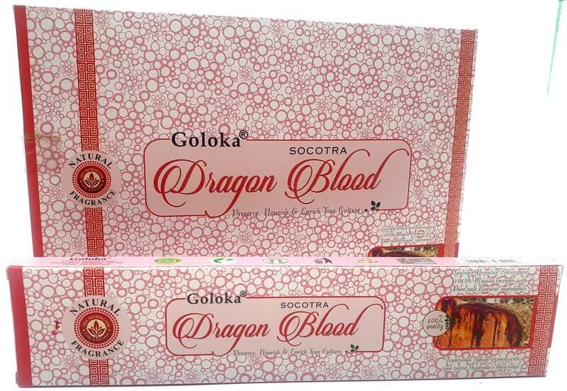 Goloka Dragon Blood incense packaging, featuring natural aromatic notes for a calming experience.