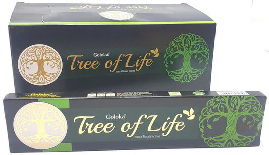 Goloka Tree of Life incense box design featuring a green tree logo, promoting spiritual growth and serene confidence.