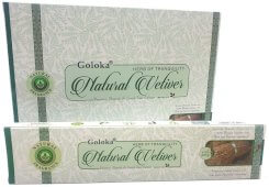 Goloka Natural Vetiver incense packaging, promoting relaxation and concentration with refreshing fragrance. 15 g product.