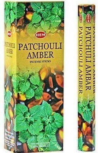 HEM Patchouli Amber incense sticks packaging, promoting stimulant and uplifting properties in aromatherapy.