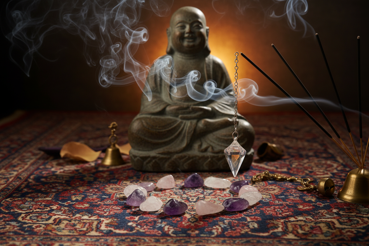 je veux une image ésotérique avec de l'encens et un pendule sur un tapis et un bouda en fond.