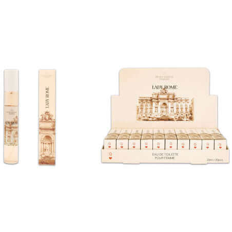 Lady Rome parfum eau de toilette 33 ml with orange, violet, rose, sandalwood aroma, ideal for handbags.